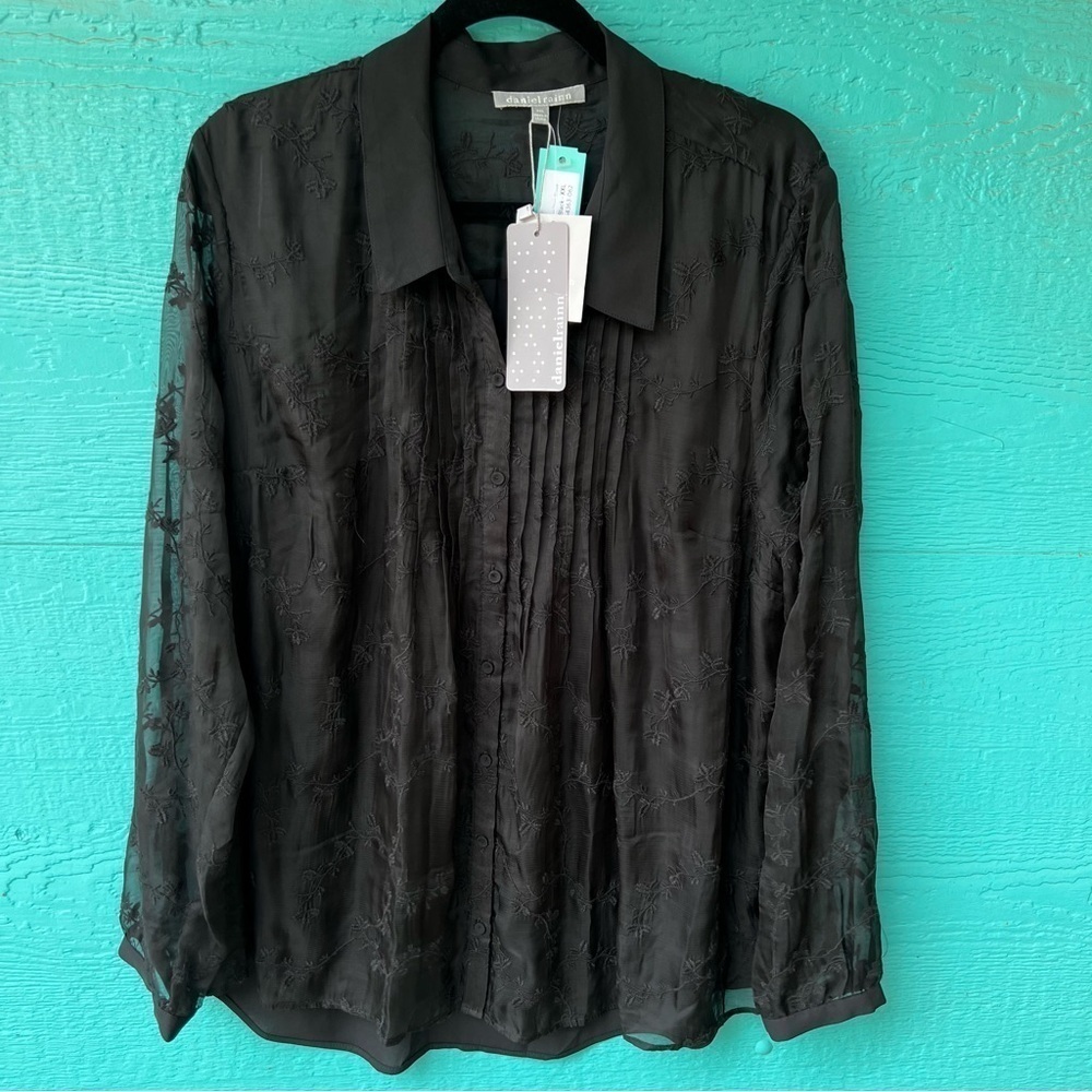 Stitch Fix Chiffon Sheer Black Embroidered Lissa Button Front Blouse XXL NWT